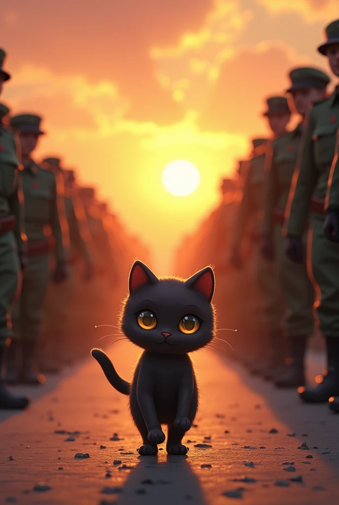 **Image 12**: The final image shows the tinny ling height black cat marching confidently as part of an army squad, while the rainbow-colored white ladycat watches from a distance, softly crying with pride. The setting sun in the background symbolizes both the end of one day and the promise