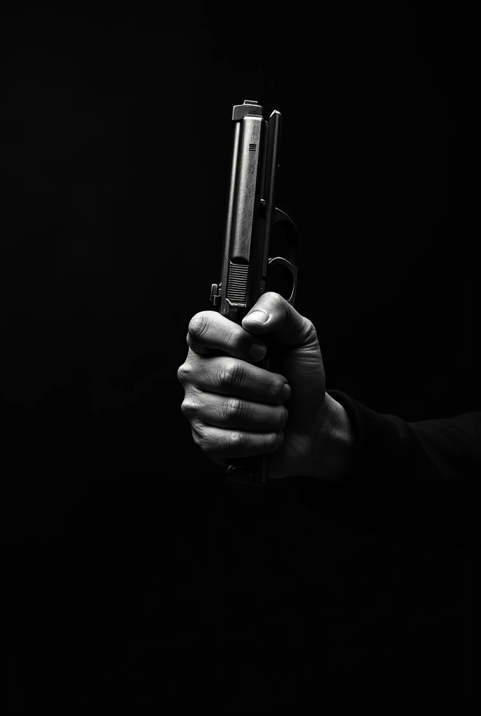 create black book cover with a hand holding a gun and written