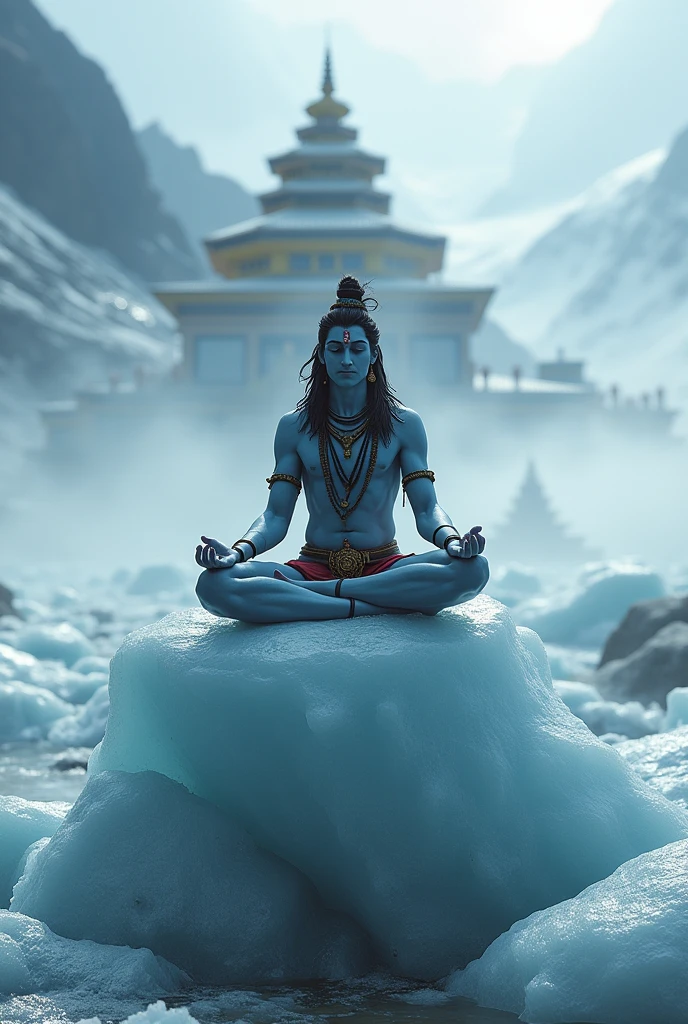 Mahadev God in kedarnath temple sitting on top of ice berg in silence mode fog and wind
