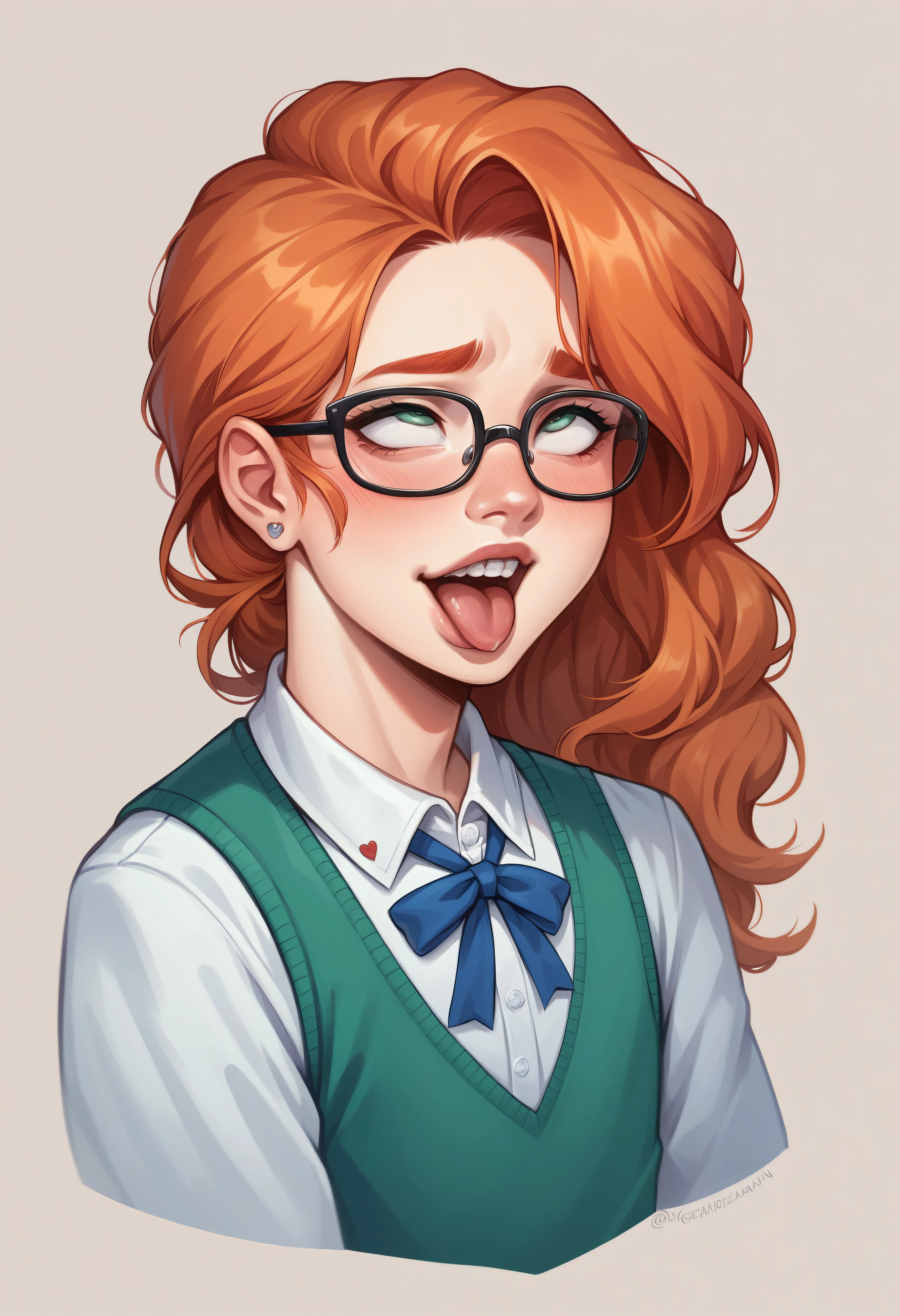 a femboy with long ginger hair and a slutty schoolgirl uniform with dental braces and glasses, ahegao pose, artgerm and atey ghailan, beautiful digital artwork, adorable digital painting, cute detailed digital art, beautiful character, beautiful digital illustration, stylized anime