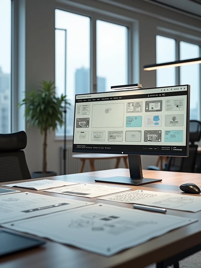 A table with wireframe sketches of screens by a UXer Designer and a computer with a prototype being made on the screen. Do not place people in the image. High resolution image, 4k. Wide screen format 16:9.