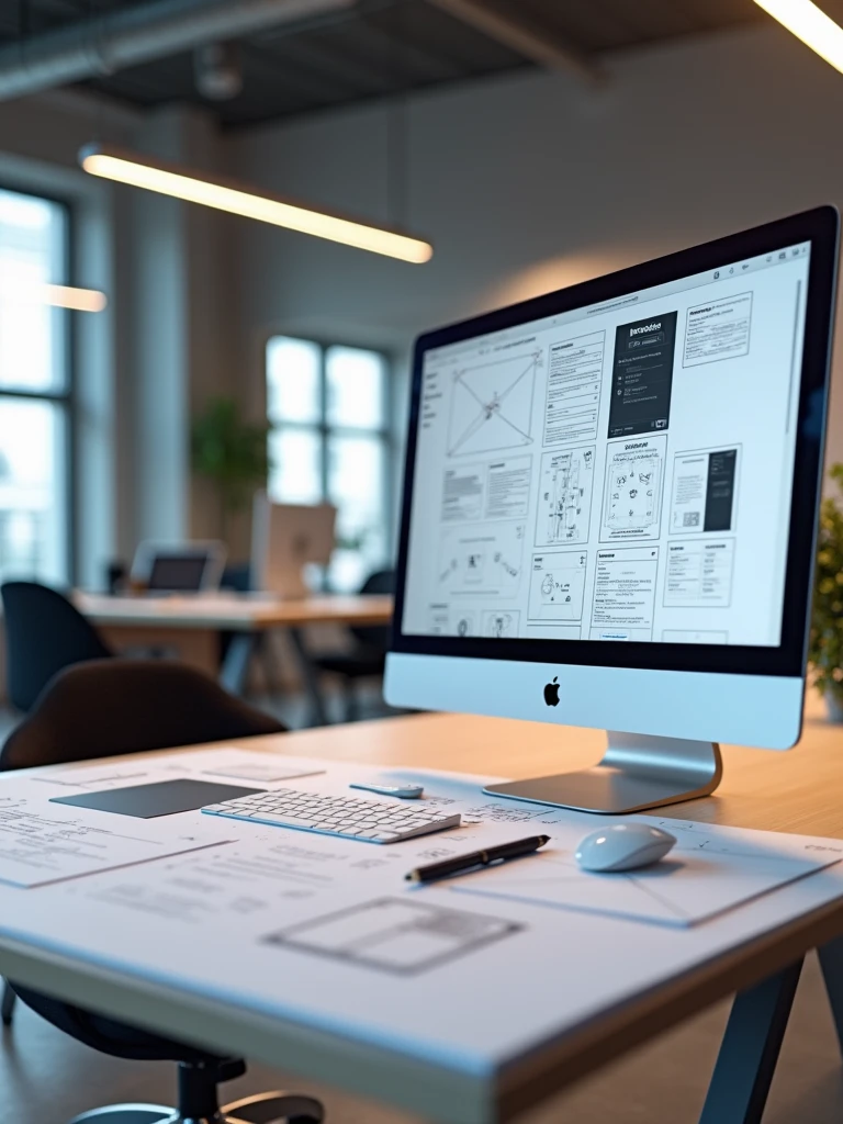 A table with wireframe sketches of screens by a UXer Designer and a computer with a prototype being made on the screen. Do not place people in the image. High resolution image, 4k. Wide screen format 16:9.