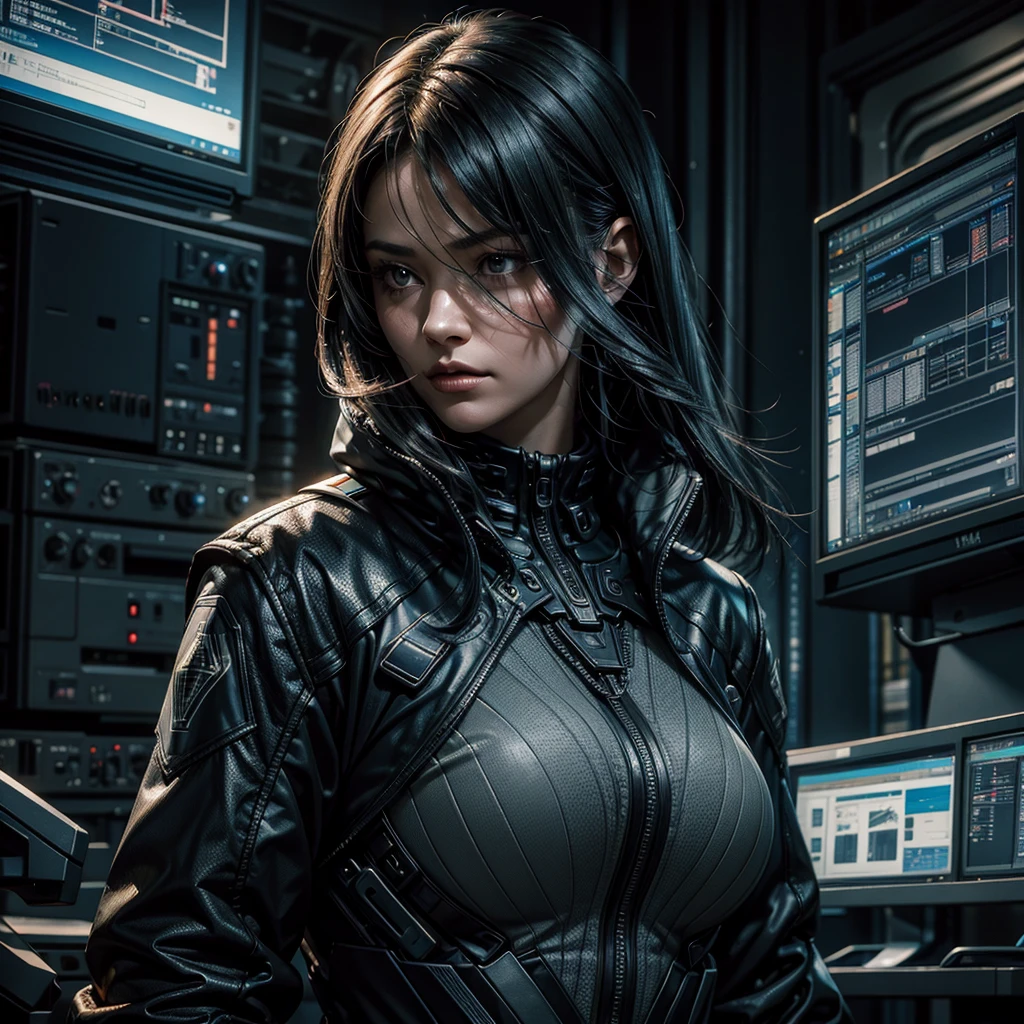 a woman in the foreground with an ordinary futuristic uniform processing data on an orographic screen, behind her in the distance a dark figure approaches threateningly towards her, hyper-realistic, hyper-detailed, photo-realistic, perfect-details, intricate-details, high quality