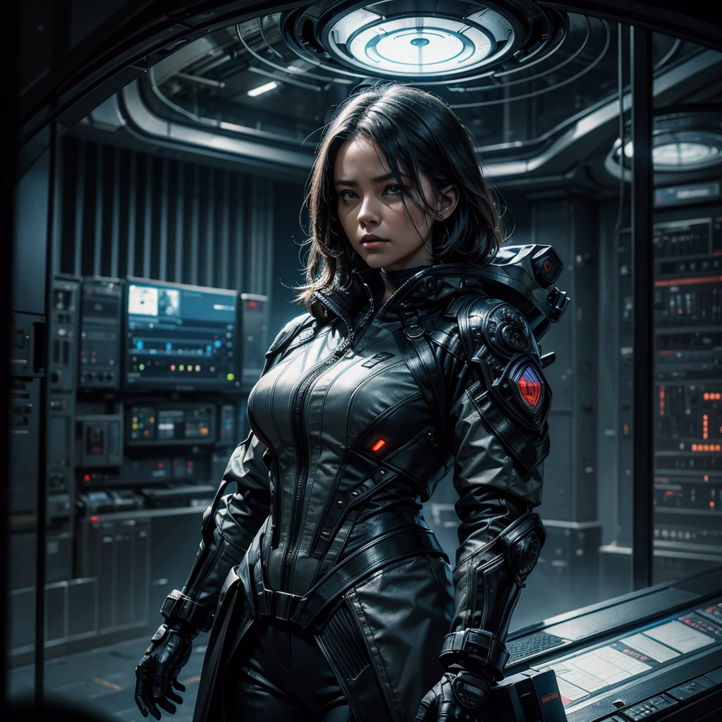 a woman in the foreground with an ordinary futuristic uniform processing data on an orographic screen, behind her in the distance a dark figure approaches threateningly towards her, hyper-realistic, hyper-detailed, photo-realistic, perfect-details, intricate-details, high quality