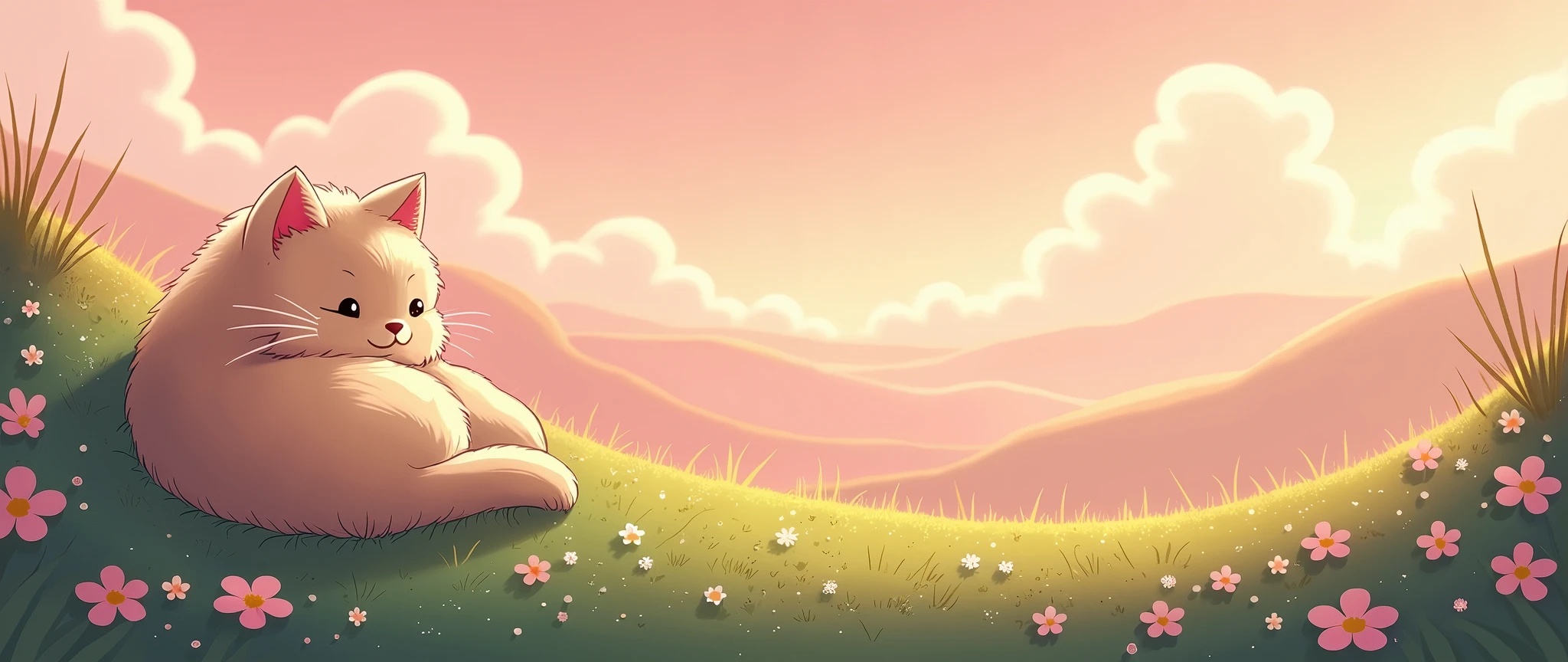 Cat, Cozy , Anime ,Lofi ,Ultrawide , Studio Ghibli vibes , Wide view ,Pink color tones ,landscape