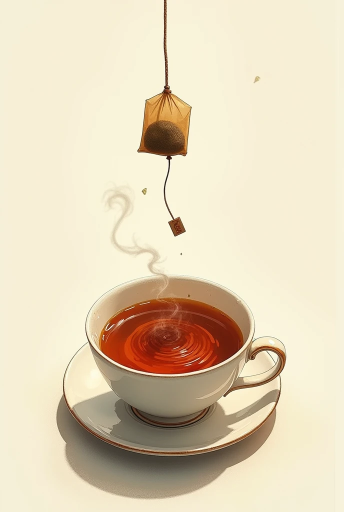 Drawing of a tea bag falling into a tea cup from a high angle view
