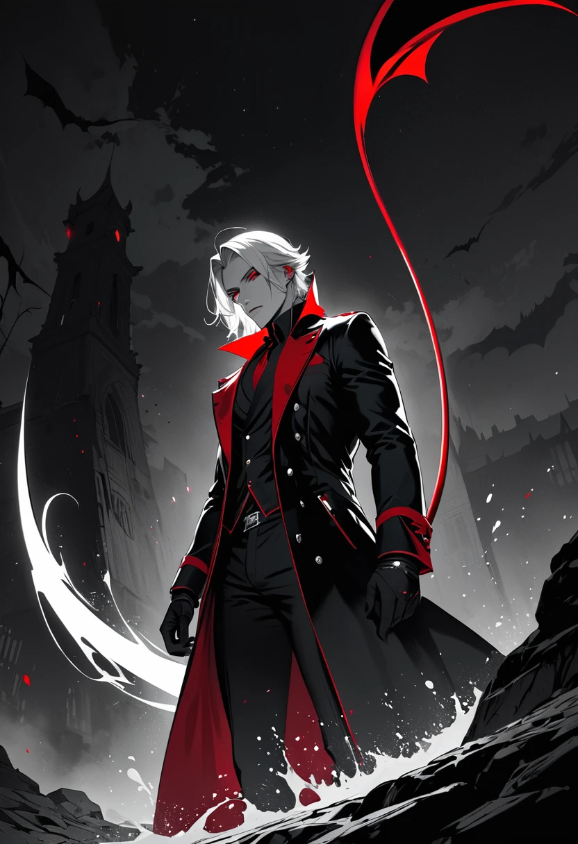 (masterpiece, best quality,ultra highres),male handsome man,silver hair,Red eyes,devil-like tail,Deceiver,at night,simple background,,monochrome with Splash Color,eerie atmosphere, absurdres, highres, extra detailed,