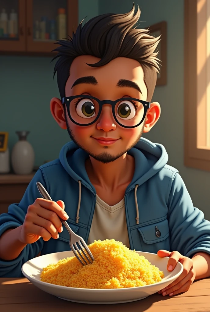 boy from Paraíba, whisker, brown skinned, with glasses, 1,72m, cowlick, jeans, Blue jacket, eating couscous