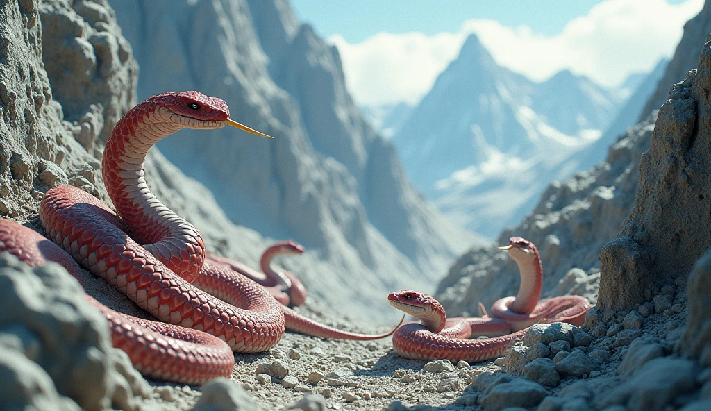 There is white jade ore on the mountain,There are also many pit vipers with red and white rings and a spike on their noses.(best quality,4K,8k,High level,masterpiece:1.2),Ultra Detailed,(lifelike,Photo real,Photo real:1.37)