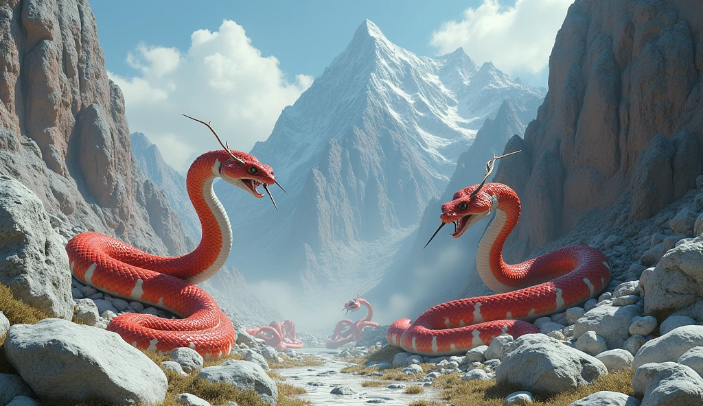 There is white jade ore on the mountain,There are also many pit vipers with red and white rings and a spike on their noses.(best quality,4K,8k,High level,masterpiece:1.2),Ultra Detailed,(lifelike,Photo real,Photo real:1.37)