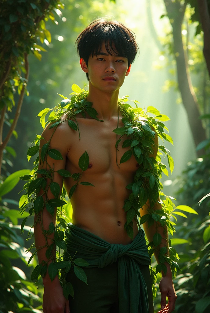 A 20 year old man, 5'3 in height, fit body, tan skin, black round eyes, black straight hair, top body is exposed with leaves as shorts, man should me standing like looking at the nature.