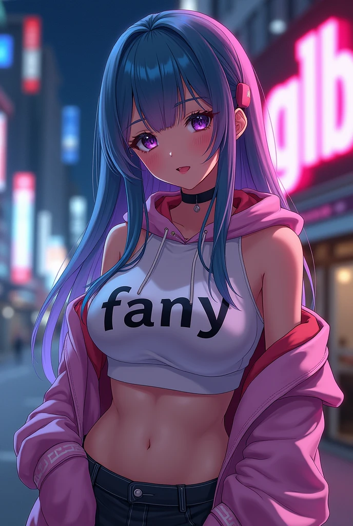 Create anime character;
{background: capital HD text: “GLBK” in right-top, night}, tanned skin,
realistic, HDR, beautiful, japan style, full body, age 20, hoodie HD text: “Fany”, female, graduent blue and pink hair, long hair, boobs size: E
