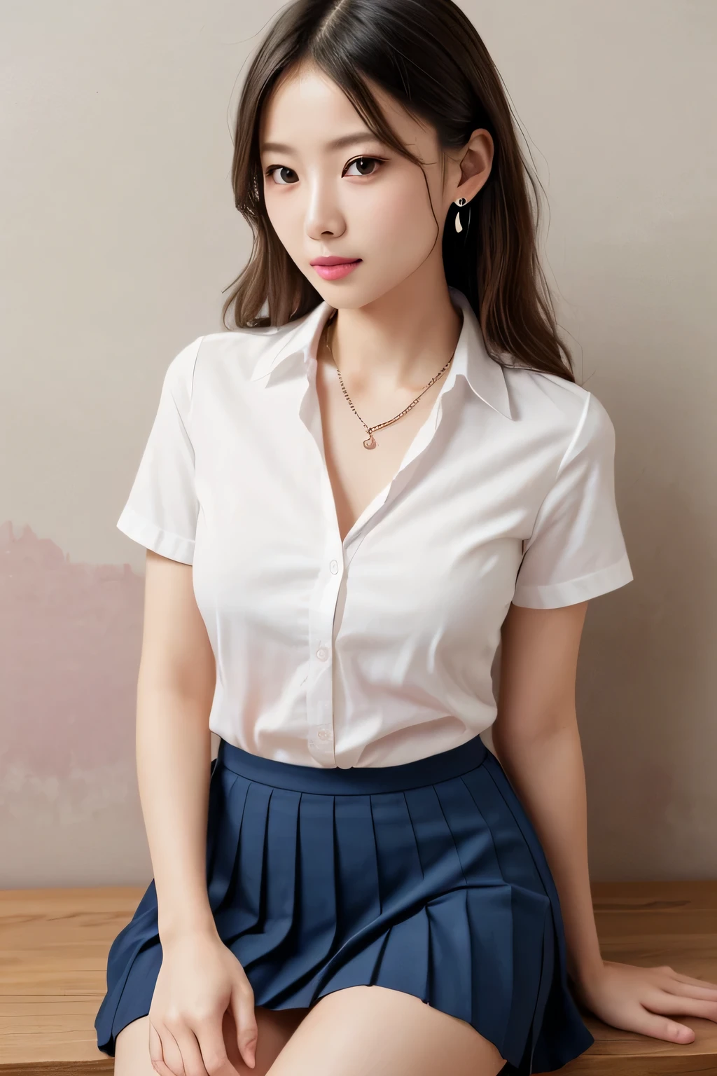 (High resolution、8k:1.3)、masterpiece、(Ultra-realistic as a photo:1.3)、、sexly、Very nice finish、Slender figure、Sharp focus, Ultra High Resolution Face、Highest quality、The face is in focus、Ultra high definition and beautiful eyes、Eyes are symmetrical、High quality and beautiful skin、Firm Skin、Japanese, thin、very cute、、(white short sleeve shirt、Pleated skirt、Ultra mini skirt), Sitting、sexly、Earrings、necklace、Pink wall、Natural Makeup, (blush:1.3), (Embarrassing:1.3)、(View your audience:1.3)，Messy Hair、Navy blue tie、White collared short sleeve shirt、Sitting on a chair、sexly、
