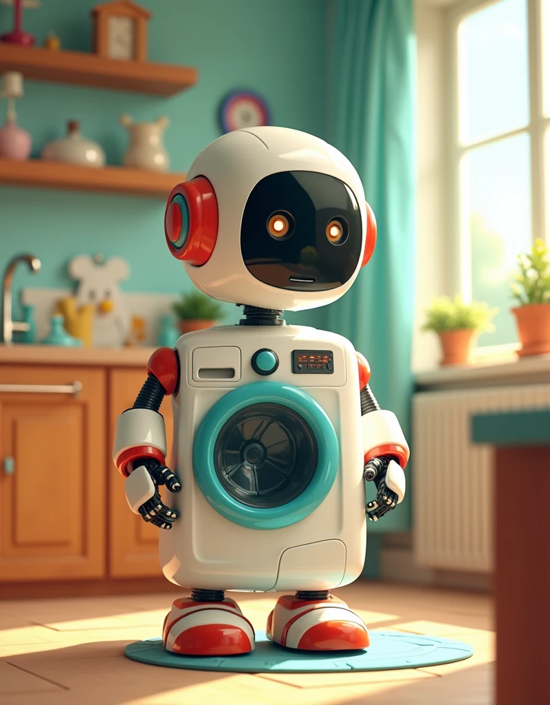 A robotic washing machine in the style of Disney cartoons, doing household chores in a futuristic house, with bright and cheerful colors.