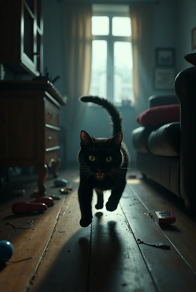 a black cat running scared in an apartment