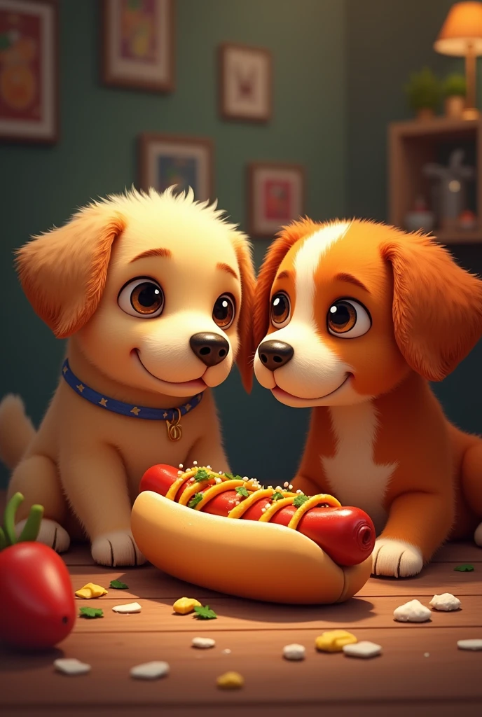 masterpiece、 Highest quality, Highly detailed、8k、 High resolution, Hot dog and a warm-looking dog、