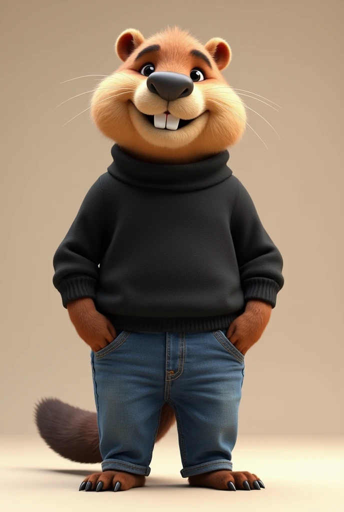 I want to create an image of an animated beaver, that is standing, dressed in blue jeans and a black turtleneck