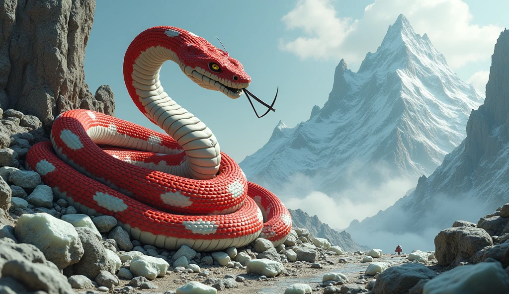 There is white jade ore on the mountain,There are also many pit vipers with red and white rings and a spike on their noses.(best quality,4K,8k,High level,masterpiece:1.2),Ultra Detailed,(lifelike,Photo real,Photo real:1.37)