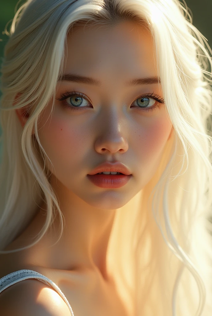 Picture of most beautiful young Asian woman face with white hair,deep blue eyes and smoothest white skin facing right side and sunlight on here glowing face