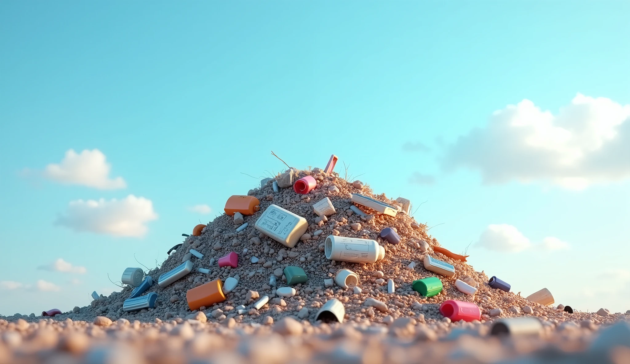 little mountain of rubbish in the centre, blue sky, nice little clouds, light, nice light, photorealistic, realistic, 4k, 8k,
