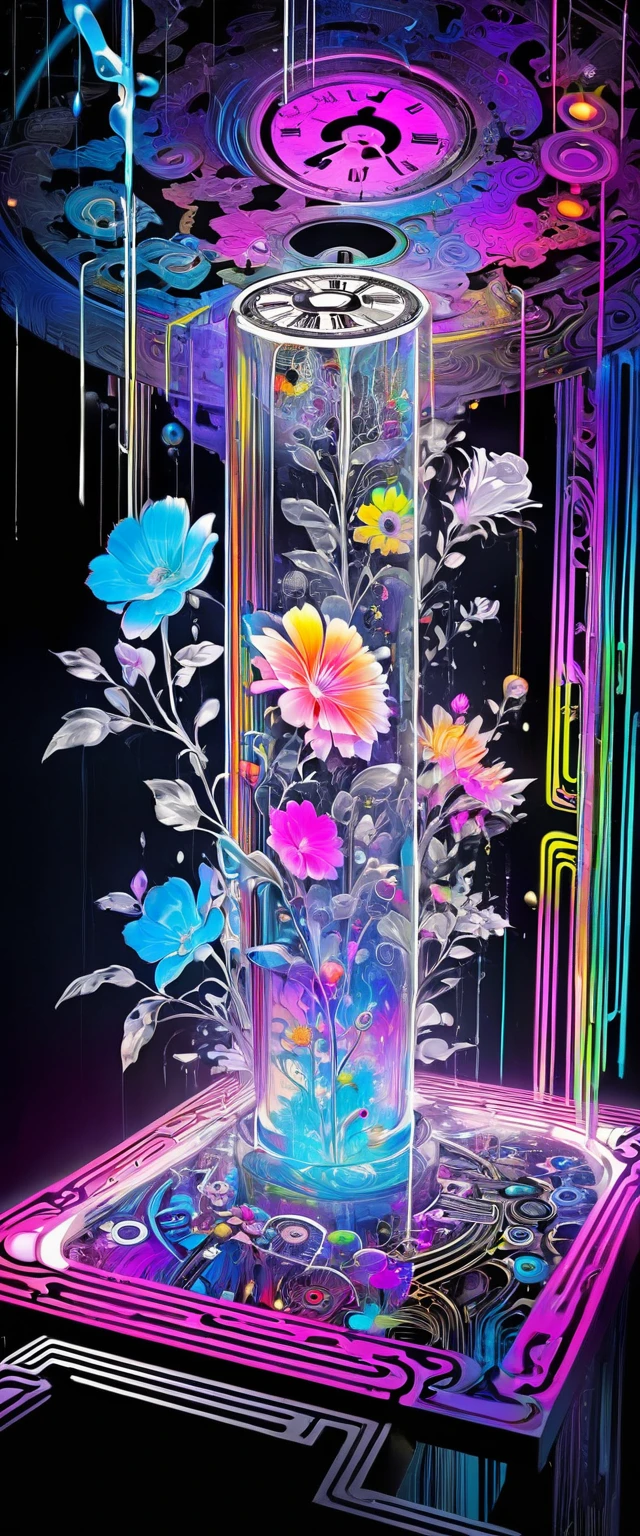 clockwork, mysterious clockwork space, labyrinth space divided by neon line lights, dripping fluorescent paint, iridescent flowers blooming from the point of impact, black and white and pastel colors, transparent, mysterious and funny high and fine artwork