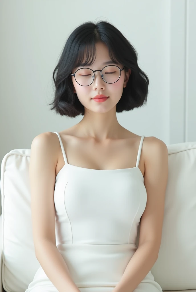 High resolution, Anatomically correct, Highest quality, photograph, Sitting on a white sofa in a white room、A Japanese woman in her 30s relaxing with her head tilted。The expression is calm and、Drooping eyes、Small mouth。She is wearing a tight white sleeveless dress、The shoulders are strapped。Her hair is short and fluffy.、Black Hair。Wearing half-rimmed glasses。cheeks are plump。