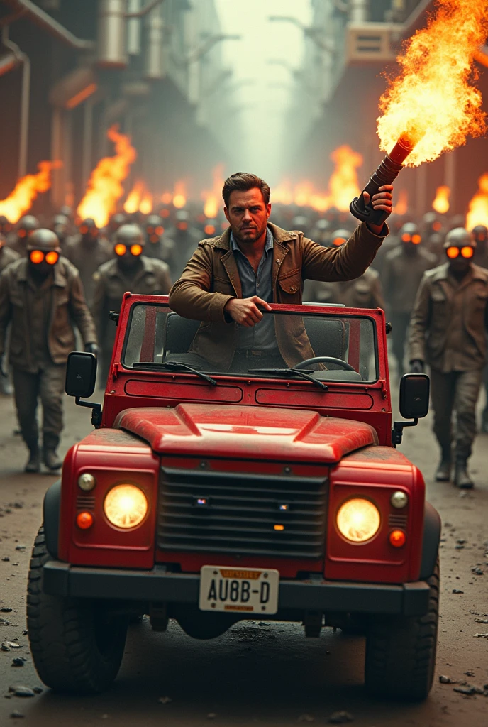 Man in red SUV with flamethrower in hands against steampunk zombie background