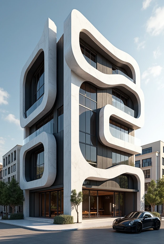 ((best quality)), ((masterpiece)), (detailed), perfect facade architecture , restuarant facade architecture , parametric postmodern maximal exterior view , high qulity rendering architecture ,sunny day , , 4th floors , white and black stone material , in the city in tehran , a car parked in front of the building , high detail , modern architecture , maximal facade architectur , commercial restuarant facade architectural