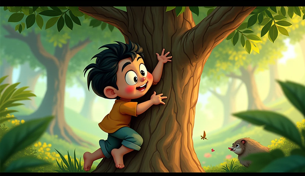 Generate an cinematic cartoon style image of " Monu climbing a tree to look for the bird."