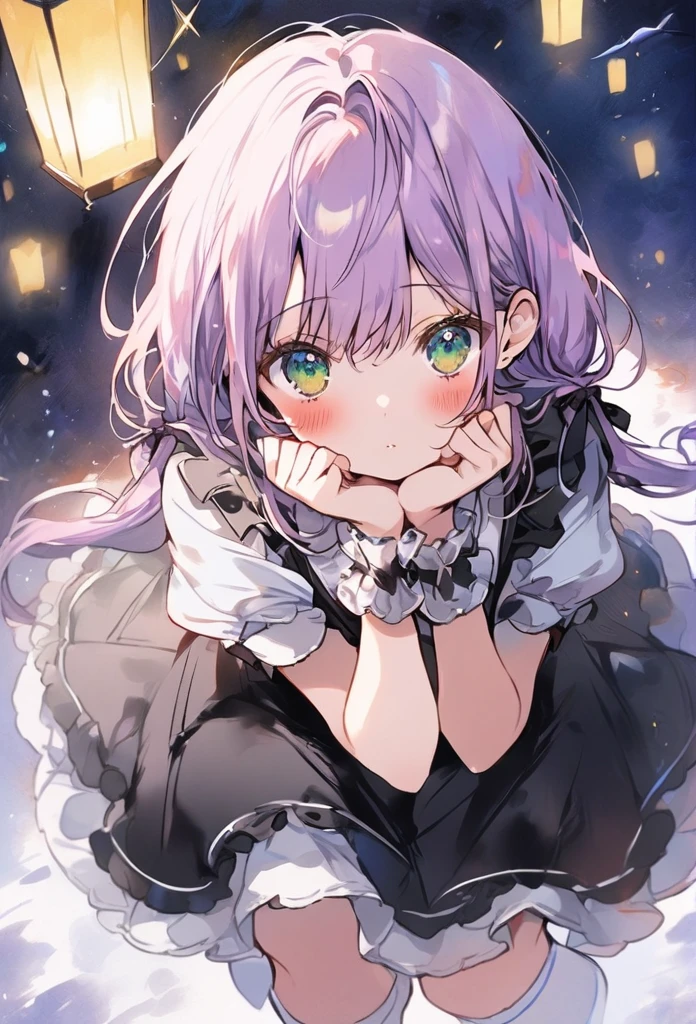 ((best quality, high resolution)), (delicate illustration), (vividcolor style illustration:0.9), (watercolor style illustration:0.4), ((beautiful:1.3)), 4k,
(((1 beautiful woman))), small breasts:0.7, dark green eyes, (blush), ((Black maid outfit, white knee-high socks,)), low-twintails Hair, pale purple hair,She puts her hands on her cheek, A girl creeping up to me with her arms outstretched(((night lit:1.3))), ((glance upward at viewer)), cowboy shot,