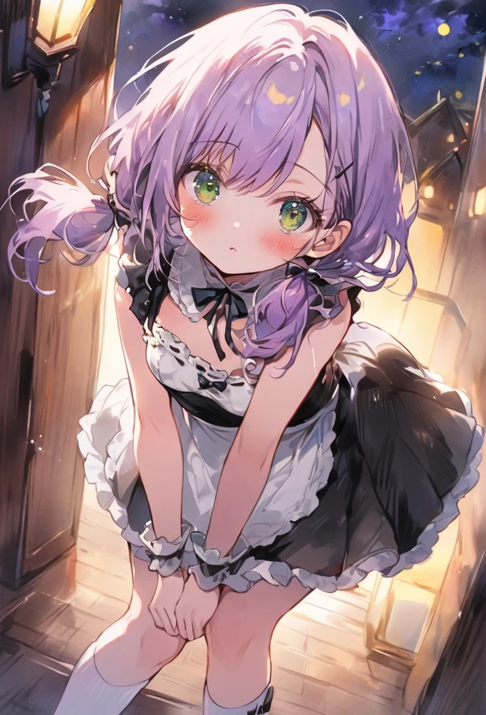 ((best quality, high resolution)), (delicate illustration), (vividcolor style illustration:0.9), (watercolor style illustration:0.4), ((beautiful:1.3)), 4k,
(((1 beautiful woman))), small breasts:0.7, dark green eyes, (blush), ((Black maid outfit, white knee-high socks,)), low-twintails Hair, pale purple hair,She puts her hands on her cheek, A girl creeping up to me with her arms outstretched(((night lit:1.3))), ((glance upward at viewer)), cowboy shot,