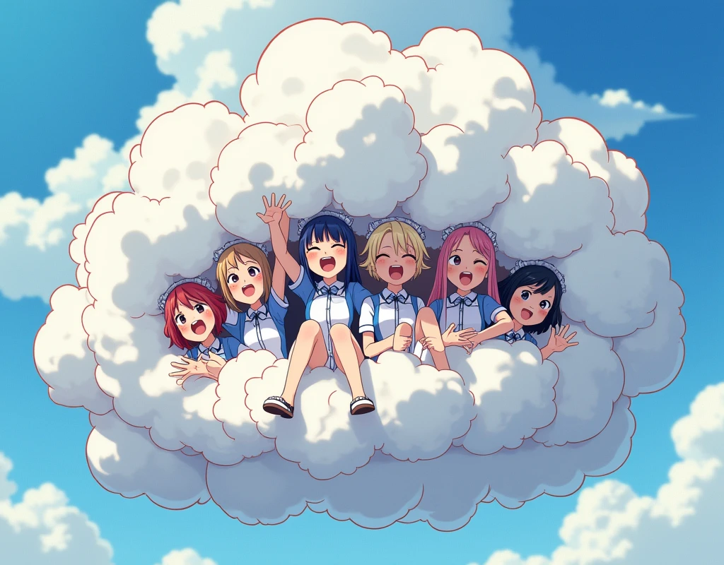 a group of maids and nurses in a bright, comical combat cloud, playfully wrestling with each other, anime style, (foam cloud), maids and nurses with different hair colors, visible faces, hands, and feet emerging from the cloud, rest of bodies hidden in the cloud, emphasizing the humorous, energetic nature of their scuffle, fluffy, exaggerated combat cloud, (best quality,4k,8k,highres,masterpiece:1.2),ultra-detailed,(realistic,photorealistic,photo-realistic:1.37),vibrant colors,dynamic lighting,whimsical,cute,charming,playful,comedic,lighthearted,dynamic,expressive