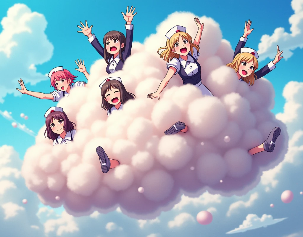 a group of maids and nurses in a bright, comical combat cloud, playfully wrestling with each other, anime style, (foam cloud), maids and nurses with different hair colors, visible faces, hands, and feet emerging from the cloud, rest of bodies hidden in the cloud, emphasizing the humorous, energetic nature of their scuffle, fluffy, exaggerated combat cloud, (best quality,4k,8k,highres,masterpiece:1.2),ultra-detailed,(realistic,photorealistic,photo-realistic:1.37),vibrant colors,dynamic lighting,whimsical,cute,charming,playful,comedic,lighthearted,dynamic,expressive