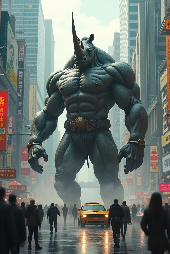 A man half man-half rhino in a city