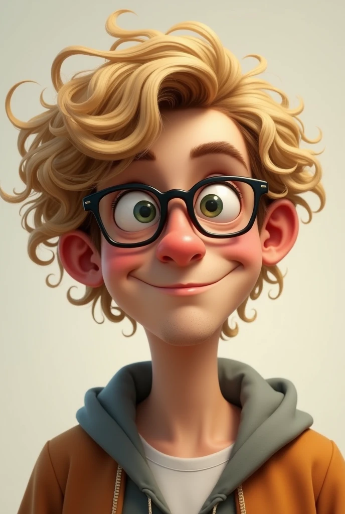 A guy with curly blond hair and glasses