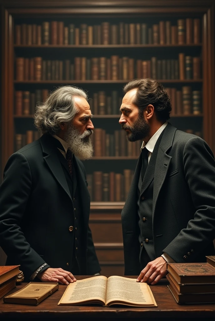 Baruch Spinoza and Friedrich Nietzsche facing each other 