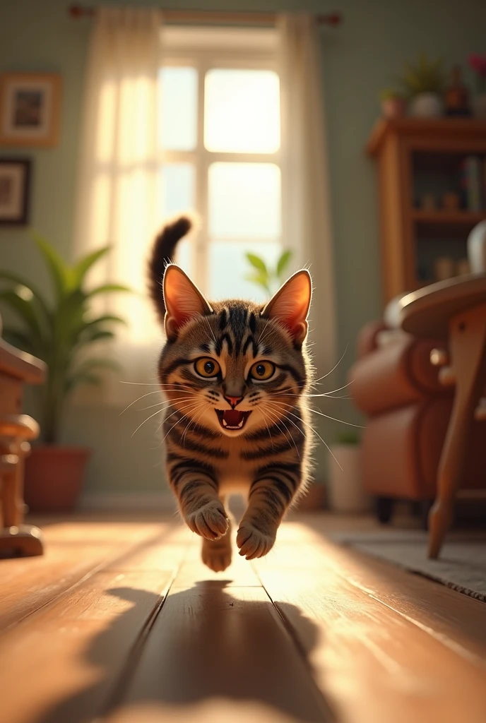a striped cat running scared in an apartment