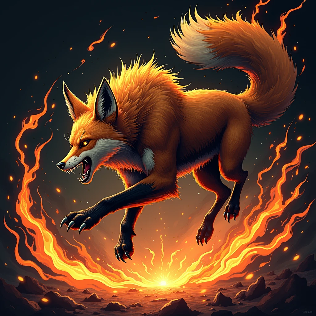 VECTOR, A highly detailed beast fox leaping on a ink flame