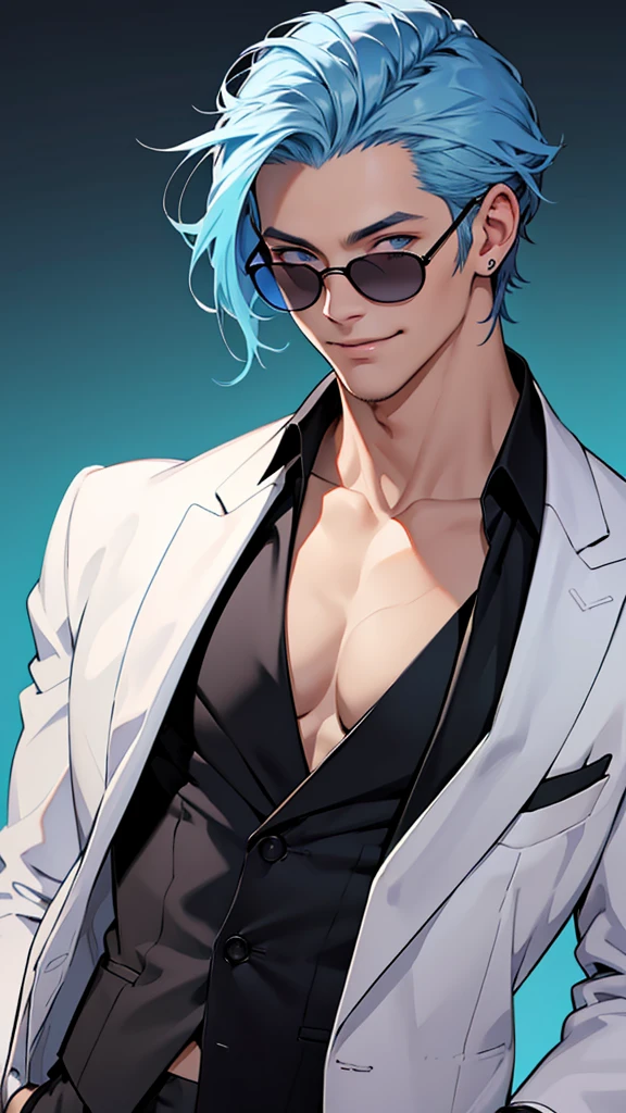 alone、A black suit with a white open shirt that shows off his collarbone、Smooth blue hair that reaches down to her back、Eyes showing through sunglasses、Handsome man holding candy and looking at camera while smiling、Hair up to the neck、Gradient Background