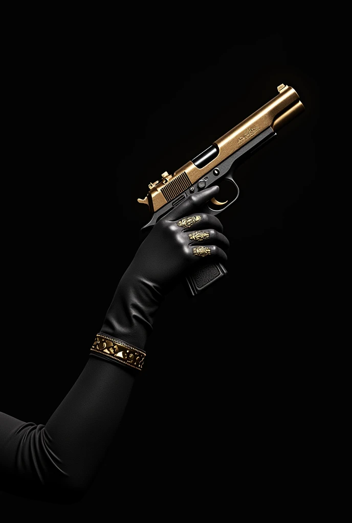 create black book cover with a female hand with black glove with gold details holding a gun