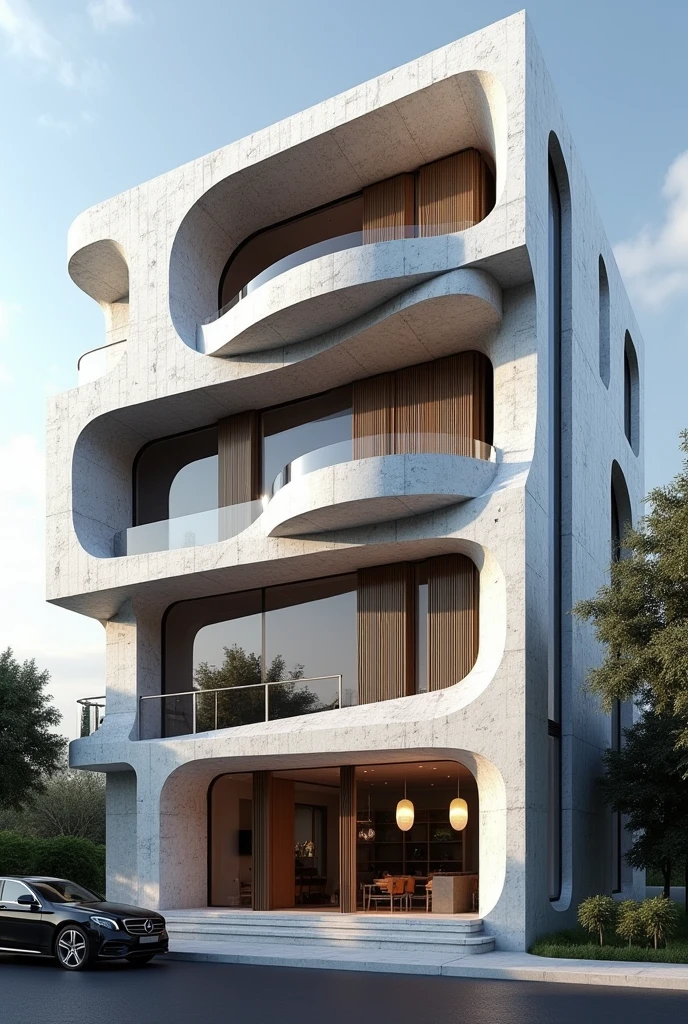 ((best quality)), ((masterpiece)), (detailed), perfect facade architecture , restuarant facade architecture , parametric postmodern maximal exterior view , high qulity rendering architecture ,sunny day , , 4th floors , white and black stone material , in the city in tehran , a car parked in front of the building , high detail , modern architecture , maximal facade architectur , commercial restuarant facade architectural