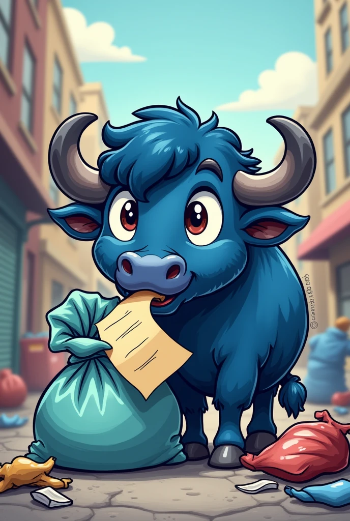 blue colour buffalo eating a paper from waste bag cartoon image