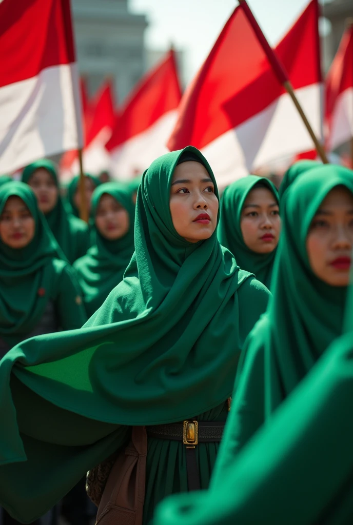 The Fatayat of the Indonesian Nahdlatul Ulama, green veil,  carry red and white, the atmosphere of seizing independence