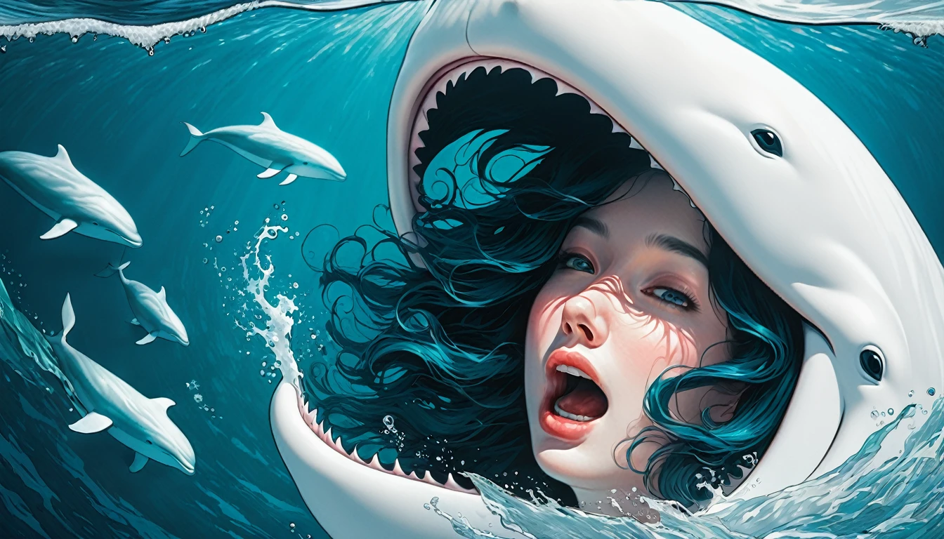 An illustration、art、Overaction、Overreaction、Pretending to be scared、Attention to detail, Realistic shadows、Analog Style, chromatic aberration, Surrealism、beluga whale