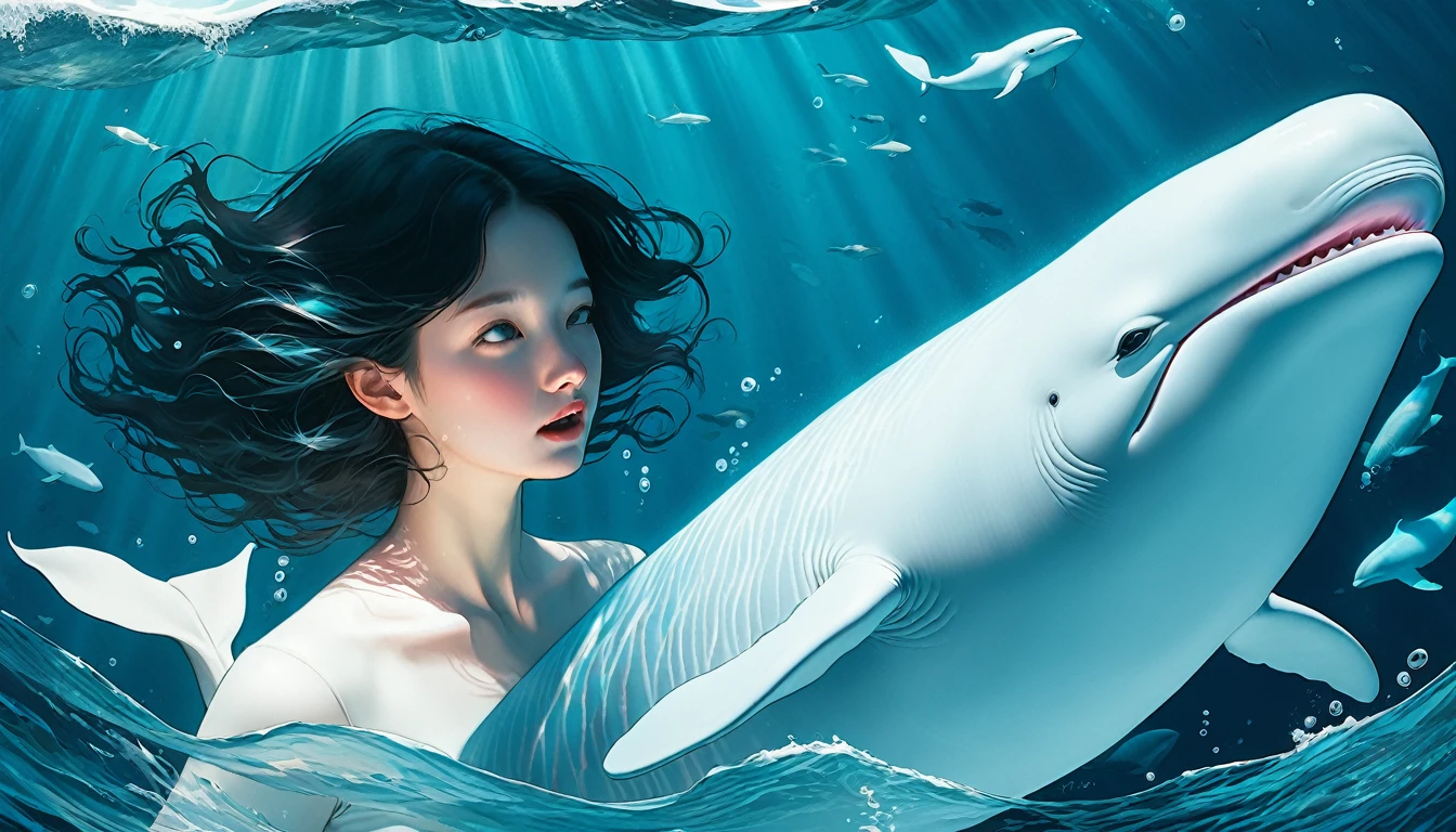 An illustration、art、Overaction、Overreaction、Pretending to be scared、Attention to detail, Realistic shadows、Analog Style, chromatic aberration, Surrealism、beluga whale