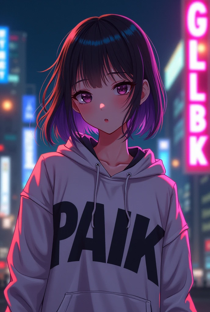 Create anime character;
{background: capital HD text: “GLBK” in right-top, night}, tanned skin,
realistic, HDR, beautiful, japan style, full body, age 20, hoodie HD text: “Paik”, female, color Gradient hair
