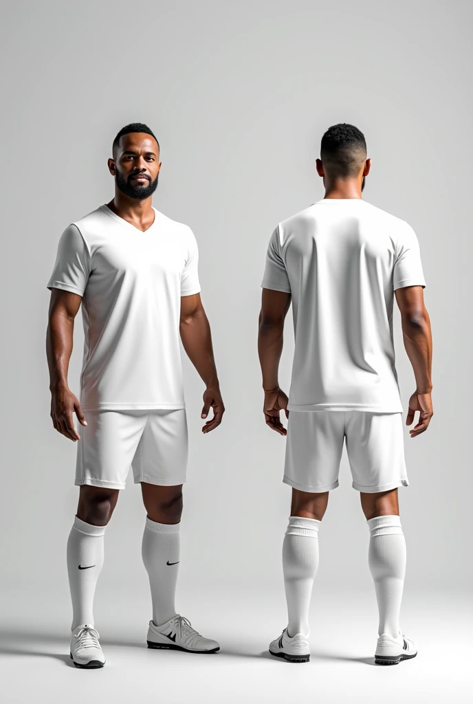 A man standing in a v-neck shirt white and shorts white, facing the camera with his hands by his side. In front and back view. The mockup includes a soccer jersey, shorts, and socks, providing a complete soccer kit presentation