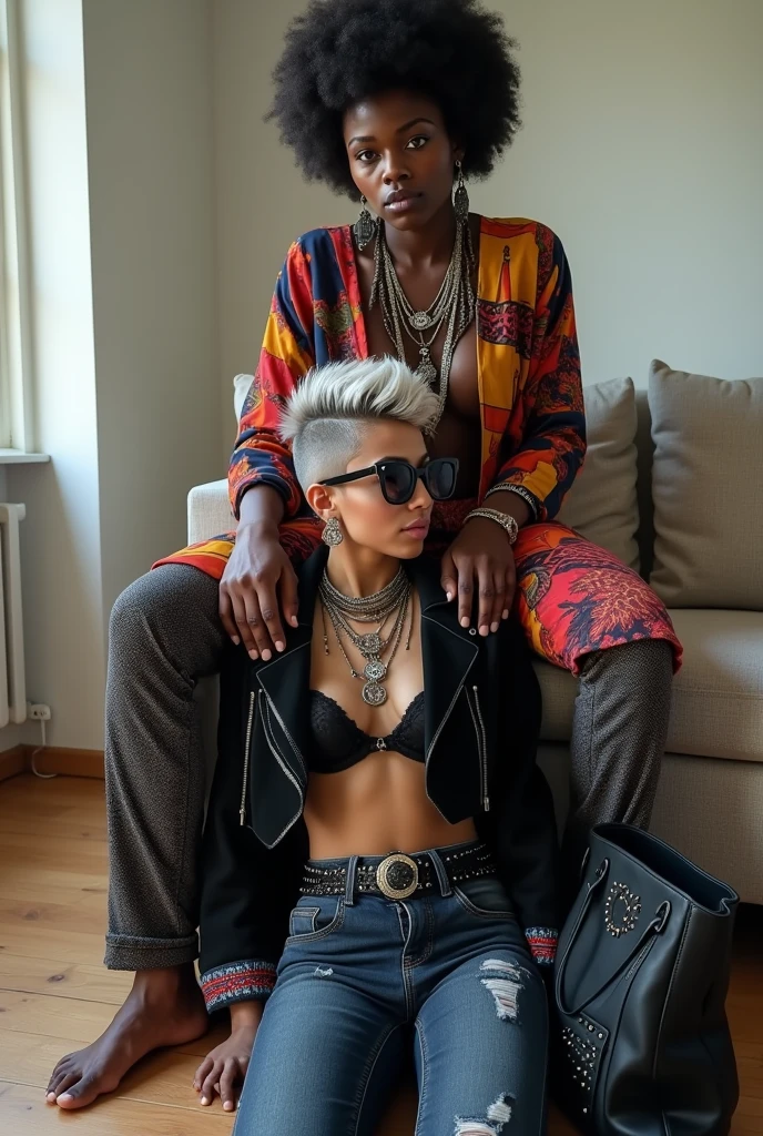African milf woman sitting on a sofa with separated legs, afro hairdo, serious face, wearing traditional colourful african clothes, barefoot, hands tightly on shoulders of a caucasian milf woman at her feet (light grey hair, light green eyes, pale face, pale neck, pale chest, pale arms, pale hands, pale stomach, pale legs and feet) in chic rock fashion: pompadour hairstyle with top bun and shaved sides, colourful bandana as headboard, cropped black suede biker jacket a lot of metallic necklaces and pendants, a lot of wide metallic bracelets, black lace push up bra, skinny dark blue jeans with worn knees, kneeling with hands on knees, passive facial expression with open mouth, big square sunglasses. In an apartment decorated in Scandinavian style. A black leather studded tote bag on the floor. Natural light