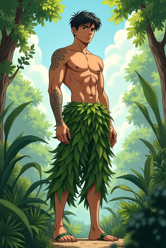 A 20 year old man, 5'3 in height, fit body, tan skin, black round eyes, black straight hair, top body is exposed with leaves as shorts, man should me standing like looking at the nature. it should be like an anime or comic character