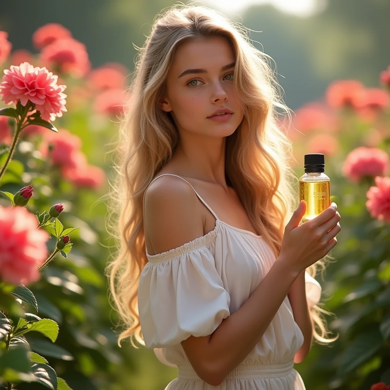 Background of geraniums,Beautiful European girl,Holding essential oil bottle in hand to show the product